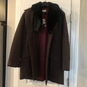 Ann Taylor ladies jacket dark purple with black faux fur on neck size Medium